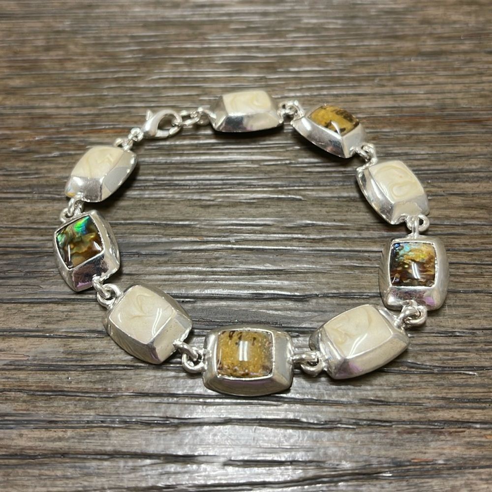Vintage Silver-tone Pearlized Enamel & Abalone Shell Bracelet 8.25” approx